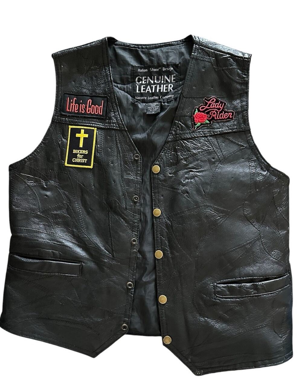 Navarre Leather Vtg Christian Motorcyclists Assoc Black Leather Vest Patch M Wom